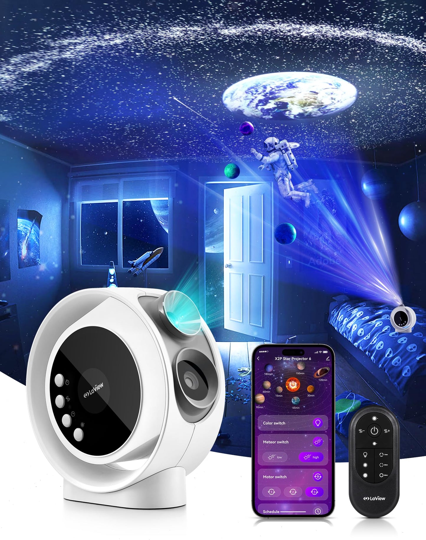 【LaView】Star Projector for Kids HD Image Large Projection Area LED Lights for Bedroom Infrared Remote Controller 3 Level Silent Rotation Night Light,Include 6K Replaceable 4 Galaxy Discs